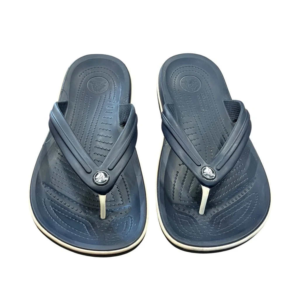 Crocs Crocband Flip Flops Mens 9 Womens 11 Navy Blue‎ White Sporty Sandals